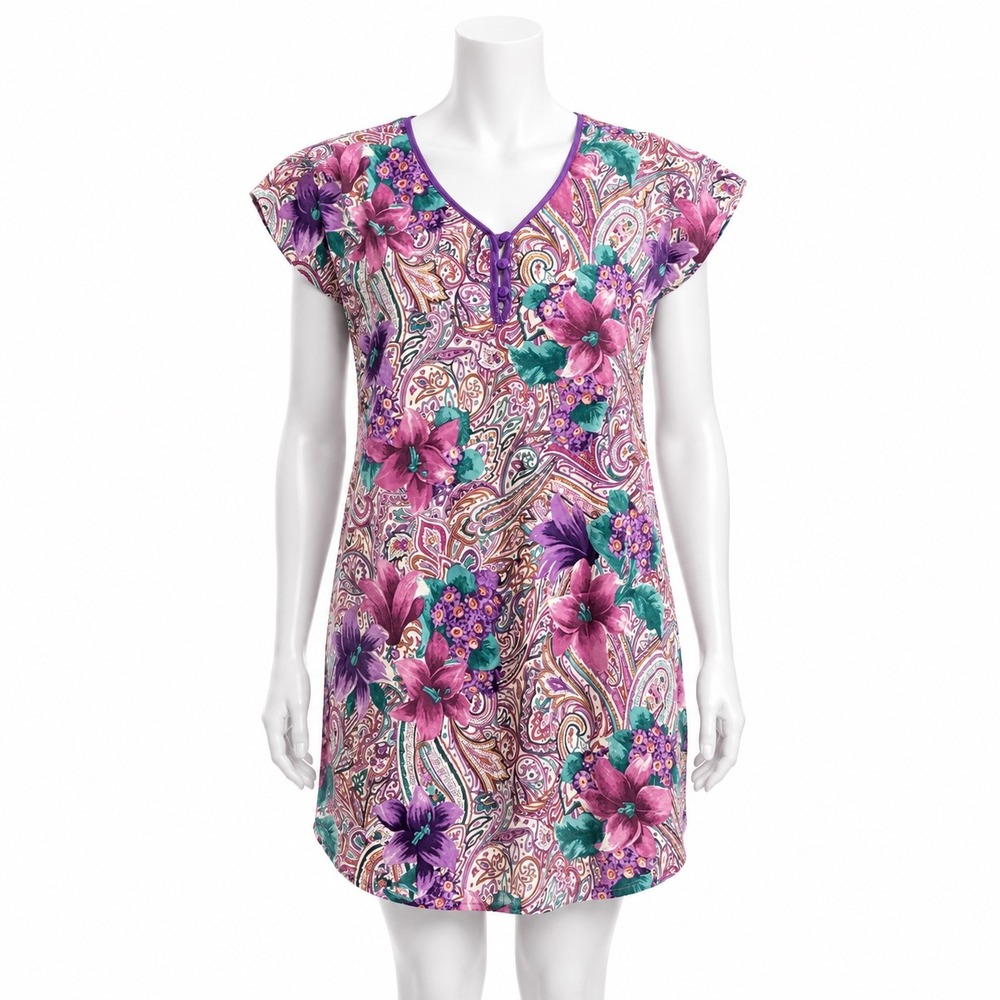 California Miss Satin Sleep Shirt Womens M Floral Paisley Lounge Nightgown Y2K